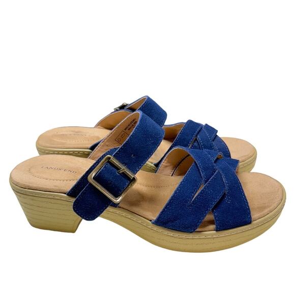 Lands' End Luggage Blue Suede Clara Vlog Platform Block Heel Slide Wedge Women 8 - Picture 1 of 8